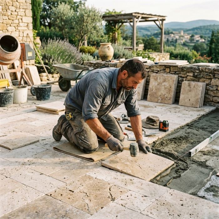 Pose de carrelage travertin avant — chantier de carrelage à La Londe-les-Maures
