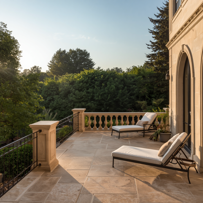 Terrasse exterieur en travertin opus — chantier de carrelage à La Londe-les-Maures