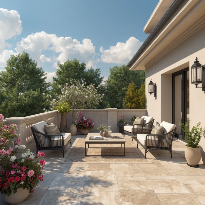 Terrasse exterieur en travertin opus — chantier de carrelage à La Londe-les-Maures